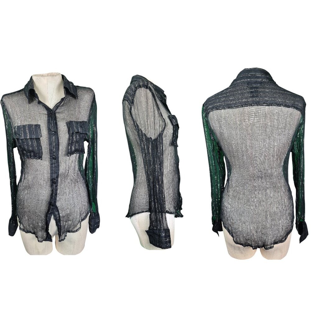 Resume' sheer black blouse with metallic gold silver 94% silk, 6% metal size M